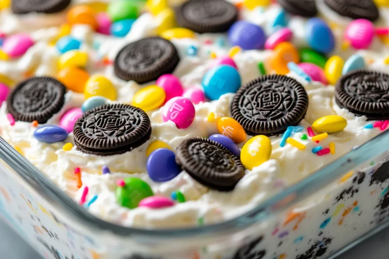 A colorful Easter dirt cake casserole topped with whipped cream, mini Oreos, M&M’s, and festive sprinkles.