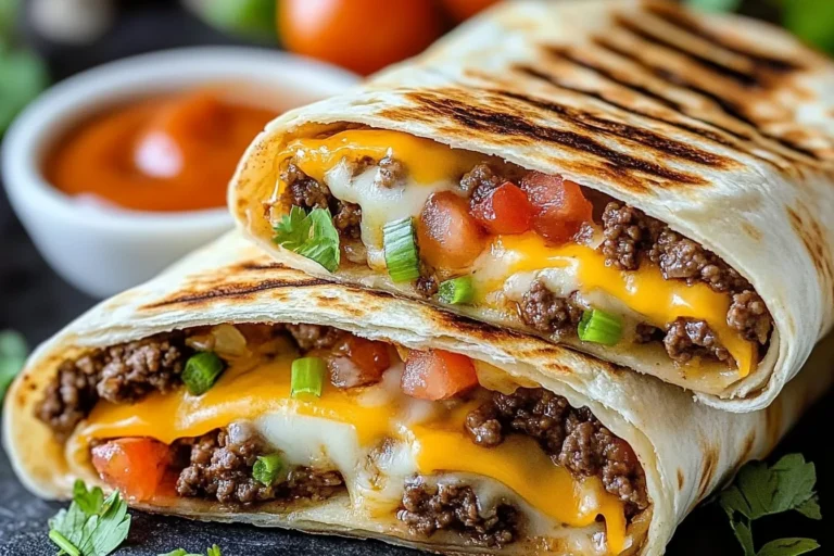 A close-up of grilled cheeseburger wraps filled with seasoned ground beef, melted cheddar cheese, diced tomatoes, and green peppers, with a crispy, golden tortilla exterior.