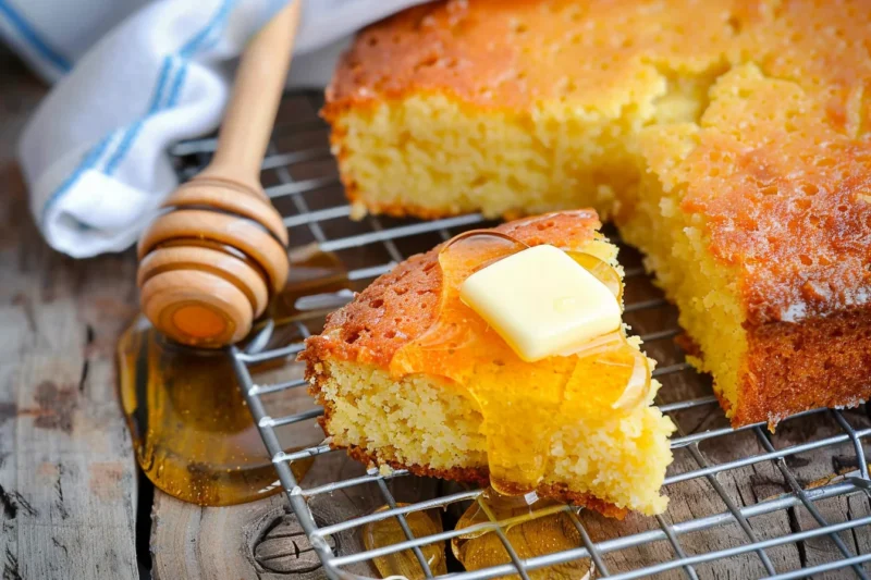 Jiffy Cornbread (A slice of golden honey butter cornbread with a pat of melting butter and a drizzle of honey on a cooling rack.)