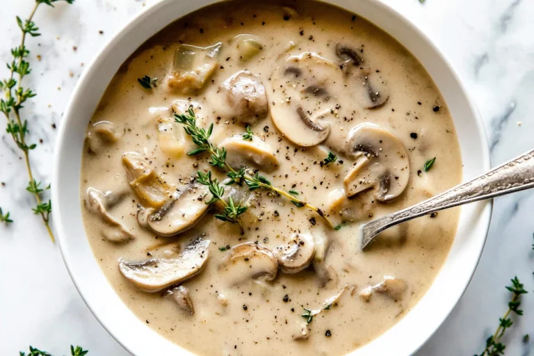 A bowl of rich and creamy mushroom soup garnished with fresh thyme and black pepper, served with a spoon.