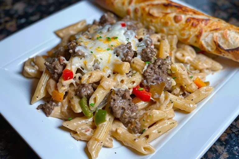 A hearty plate of One-Pot Zesty Steak Pasta with creamy sauce, melted cheese, and sautéed red bell peppers, served over penne pasta.