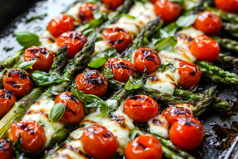 Roasted asparagus and cherry tomatoes topped with melted cheese, fresh basil, and a drizzle of balsamic glaze.