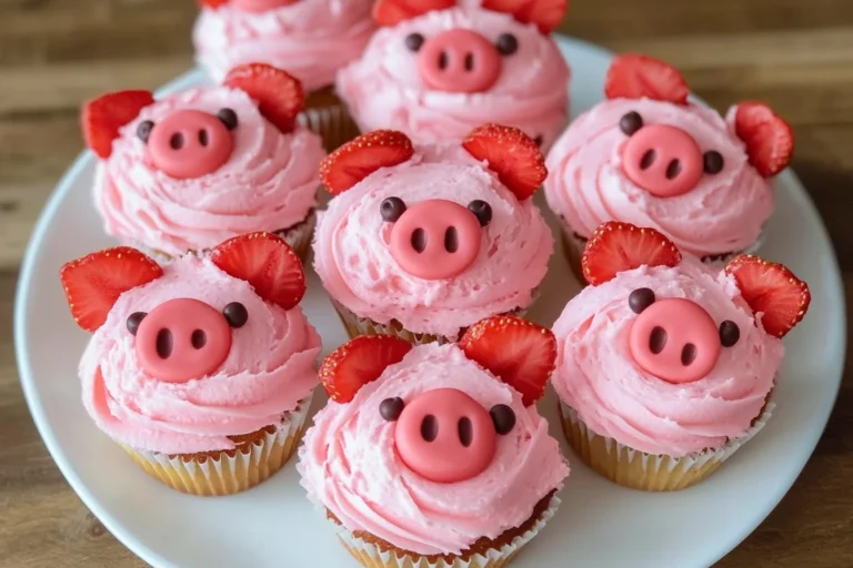 Piggy Face Cupcakes Recipe ( A plate of adorable pig-themed cupcakes with pink frosting, strawberry slices for snouts, and chocolate sprinkles for facial features. )
