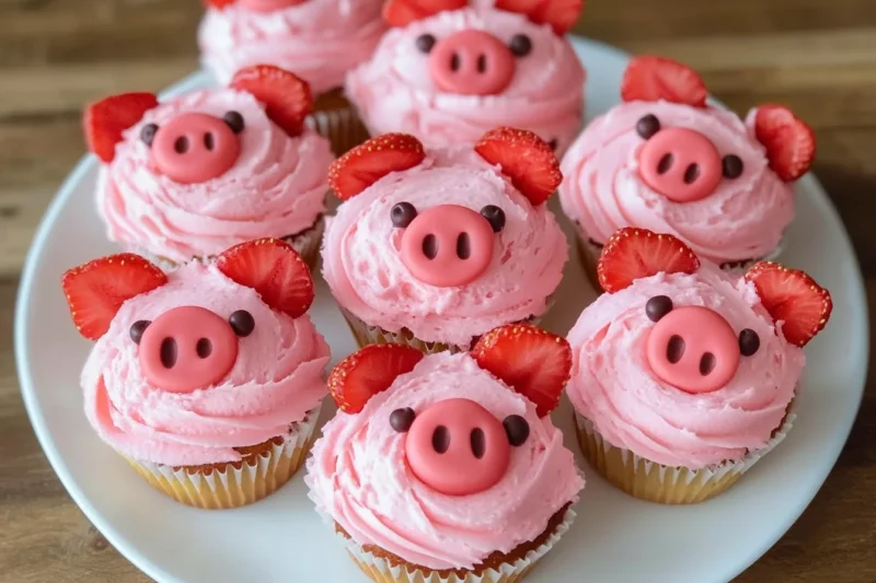Piggy Face Cupcakes Recipe ( A plate of adorable pig-themed cupcakes with pink frosting, strawberry slices for snouts, and chocolate sprinkles for facial features. )