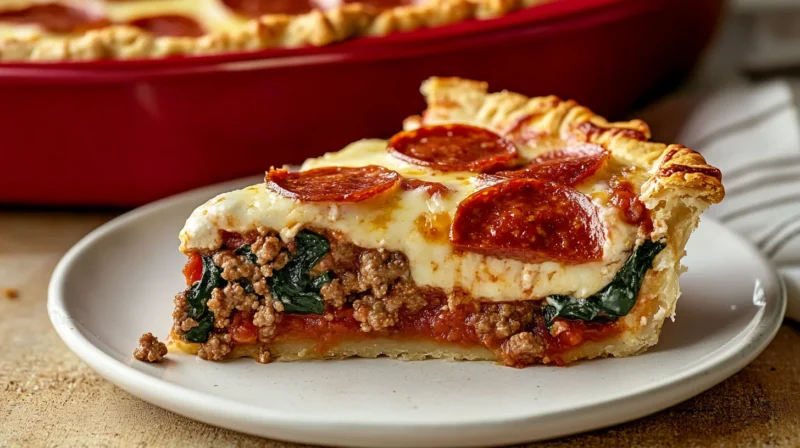 Pizza Casserole Pie Slice of hearty pizza casserole pie with layers of seasoned ground beef, tomato sauce, melted cheese, and pepperoni on a golden pie crust.
