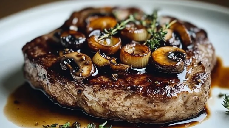 Ribeye Steak With Caramelized Onions And Mushrooms (Juicy ribeye steak topped with caramelized onions, sautéed mushrooms, and a rich balsamic glaze, garnished with fresh thyme.)