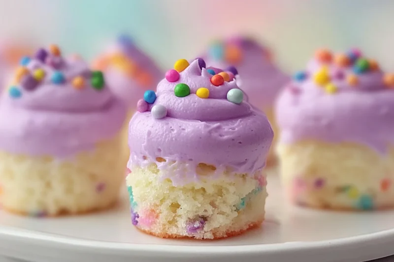 Spring Confetti Cake Recipe (Mini vanilla confetti cake bites topped with pastel purple frosting and colorful sprinkles.)