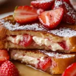 A plate of strawberry cheesecake French toast, stuffed with a creamy cheesecake filling and fresh strawberries, topped with powdered sugar and drizzled with syrup.