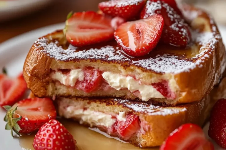 A plate of strawberry cheesecake French toast, stuffed with a creamy cheesecake filling and fresh strawberries, topped with powdered sugar and drizzled with syrup.