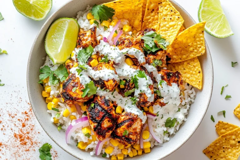 A bowl of spicy grilled chicken over rice, topped with corn, red onions, cilantro, and a creamy drizzle, garnished with lime wedges.