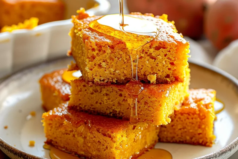 A stack of golden, moist sweet potato cornbread slices drizzled with honey, showcasing their rich texture and warm color.